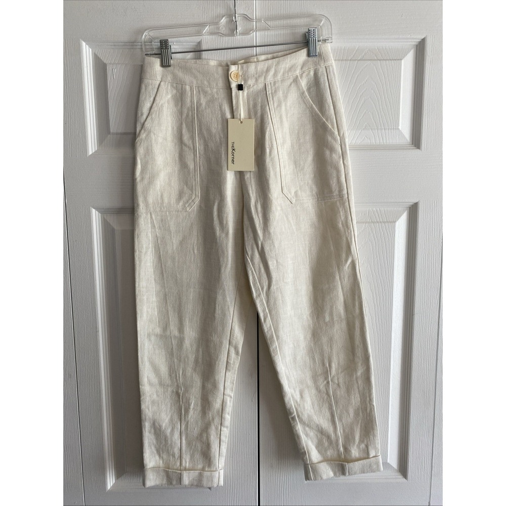 THE‎ Korner Linen Blend Tapered Pants Size 4 Cream High Waist Utility Cuffed